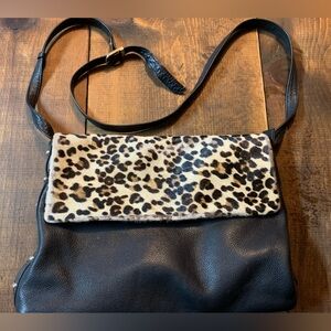 Leopard Print Black Leather Shoulder Bag